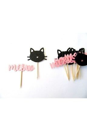 10'lu Pembe Meow Yazısı Ve Siyah Kedi Figürlü Cupcake Çubuğu CLR-004