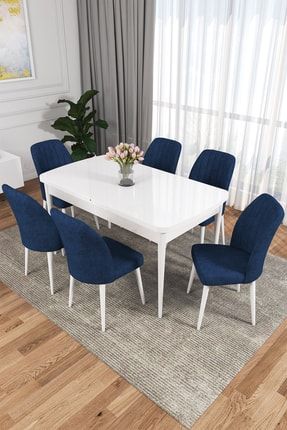 Zeta 80x132 Mdf Beyaz Açılabilir Mutfak Masası Takımı 6 Lacivert Sandalye RVN06ZETABYZ