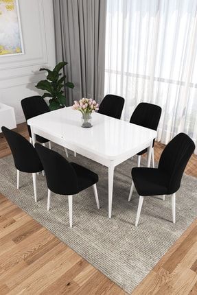 Zeta 80x132 Mdf Beyaz Açılabilir Mutfak Masası Takımı 6 Siyah Sandalye RVN06ZETABYZ
