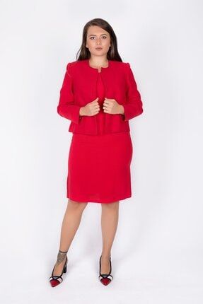 Kadın Kırmızı Elbise Ceket Takım 20-1002