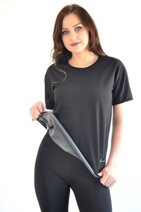Kadın Siyah Büyük Beden Yağ Yakan Zayıflatan Terleten Kısa Kollu T-shirt BS-SAUNABYK-005
