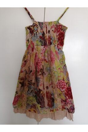 Kadın Pembe Şifon Çok Renkli Desenli Straplez Askılı Elbise 557995