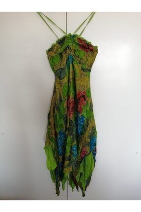 Otantik Pamuk Bürümcük Yeşil Çiçekli Askılı Elbise 5571033