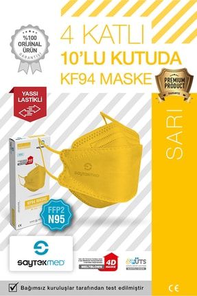 N95/FFP2 Kore Tipi, 4 katlı, Sarı Maske, Tekli Paket, UV Steril (1 Kutu/ 10 Adet) N95SRI