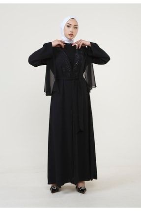 Siyah Taş Işlemeli Kuşaklı Abaya 2222024 222.ABY.ST.0007