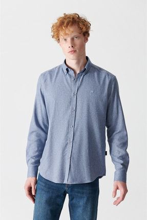 Erkek Mavi Armürlü Düğmeli Yaka Comfort Fit Gömlek A12y2148 A12Y2148