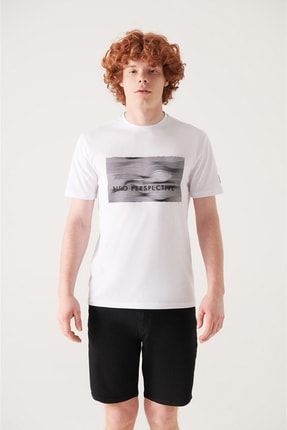 Erkek Beyaz Bisiklet Yaka Baskılı T-shirt A21y1114 A21Y1114