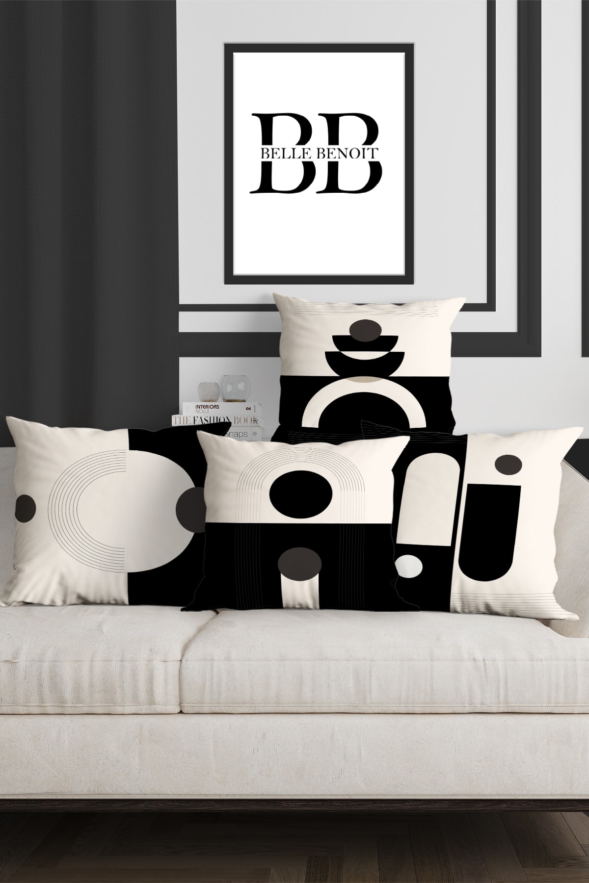 Belle Benoit Siyah Beyaz Tasarım Dijital Baskılı Dekoratif 4'lü Koltuk Yastık Kılıfı Kırlent Kılıfı Seti