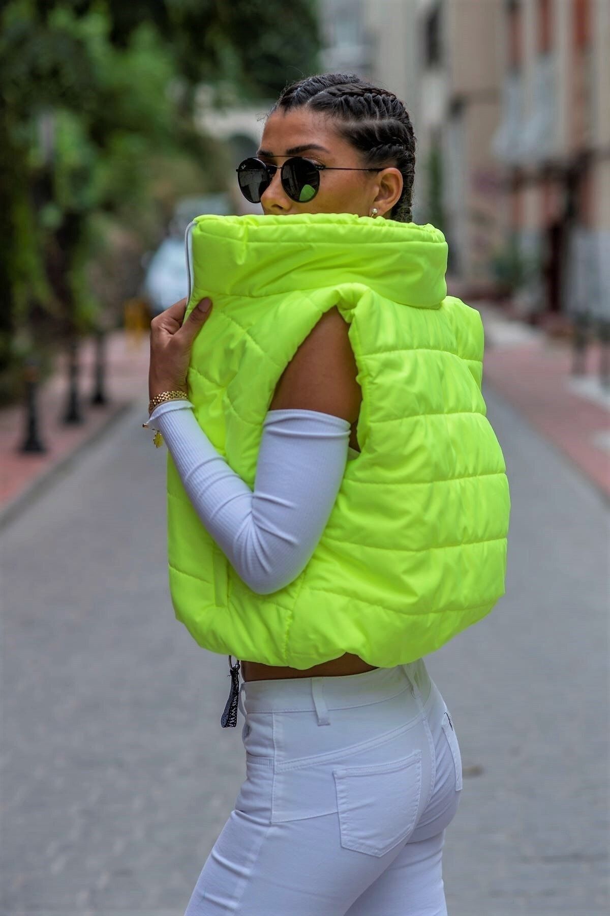 Keyifli Moda Women s Neon Green High Collar Waist Elastic Pocket Short Puffer Vest