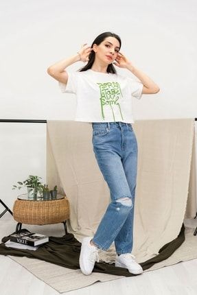 Yeşil Ipli Yazılı Crop Kadın T-shirt GY.CRP.KD.0038