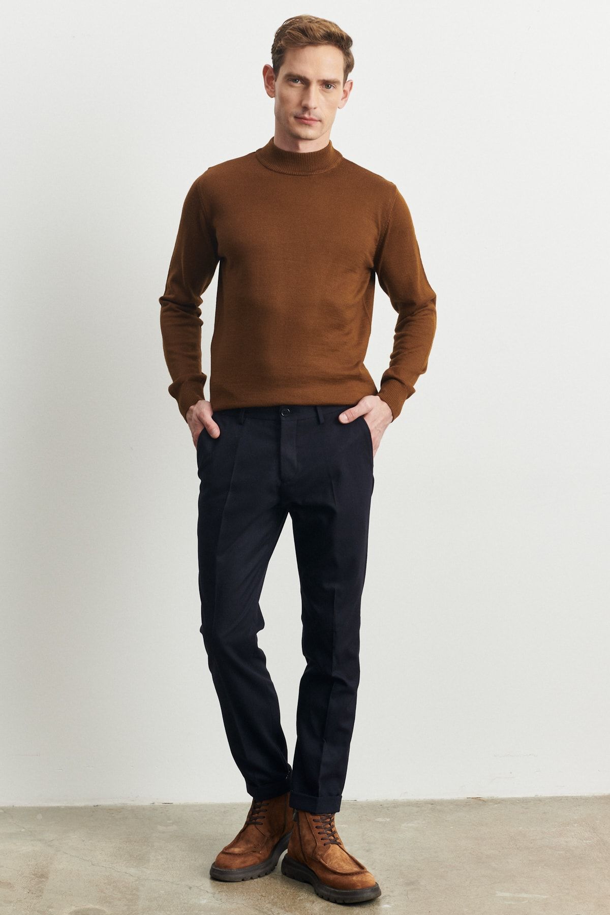 Erkek Lacivert Slim Fit Dar Kesim Flanel Desenli Beli Lastikli Pantolon