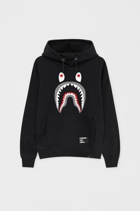 Bape Shark Baskılı Kapüşonlu Oversize Içi Polarsız Sweatshirt BYTLK9200