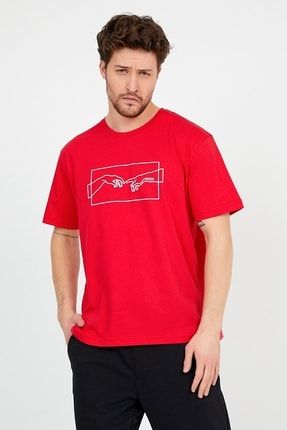 Unisex Kırmızı Önü Adem'in Yaratılışı Baskılı Bol Kesim Oversize Pamuklu Tshirt PLAYİNGCARD