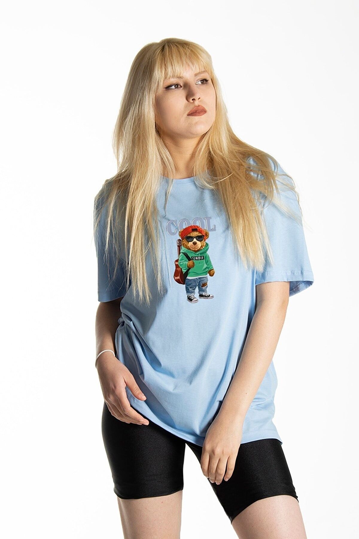 Kadın Açık Mavi Önü Cool Bear Baskılı Bisiklet Yaka Oversize Pamuklu T-shirt