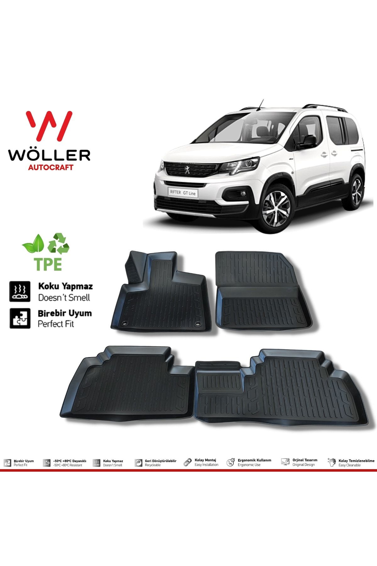 Wöller Peugeot Rifter Doormat 2019 и более поздних версий, совместимый 3D коврик для бассейна wöller3dpaspas080