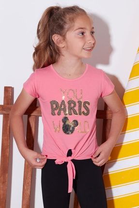 Kız Çocuk Pembe Pullu Yazı Baskı 4-11 Yaş T-shirt 4809-2 GRPCM00012444