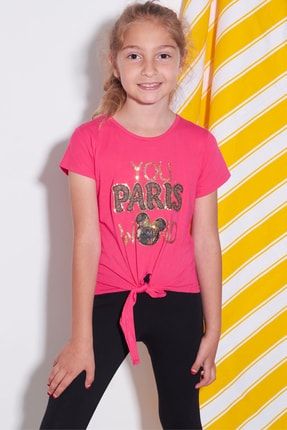 Kız Çocuk Koyu Pembe Pullu Yazı Baskı 4-11 Yaş T-shirt 4809 GRPCM00012444