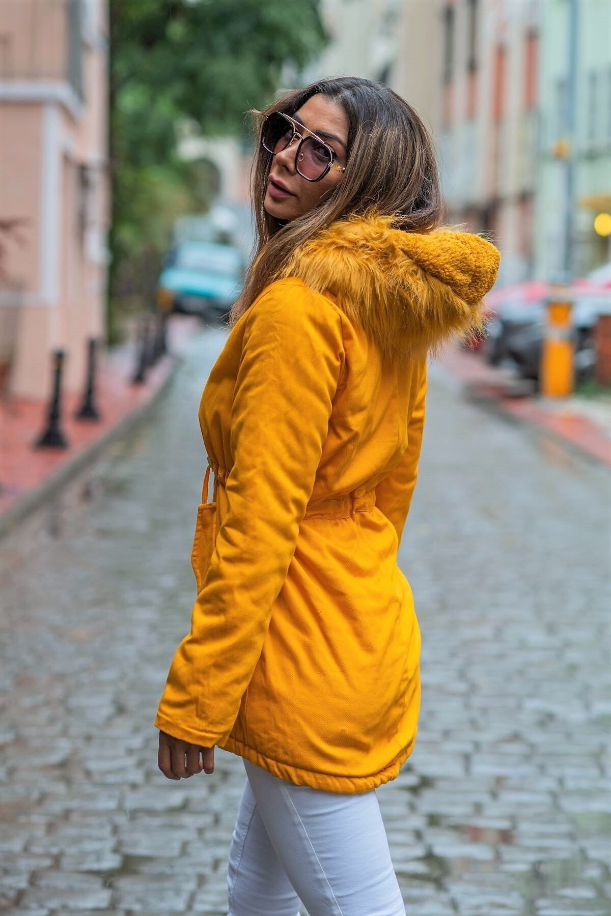 Mustard yellow coat with fur cheap hood
