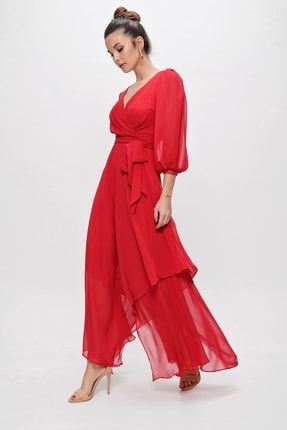 Kadın Kırmızı Kruvaze Balon Kollu Uzun Şifon Elbise S-21K0190018-Kırmızı