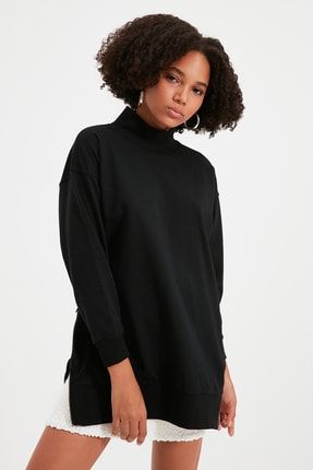 Siyah Uzun Oversize Fermuarlı Kalın İçi Polarlı Örme Sweatshirt TWOAW20SW0322