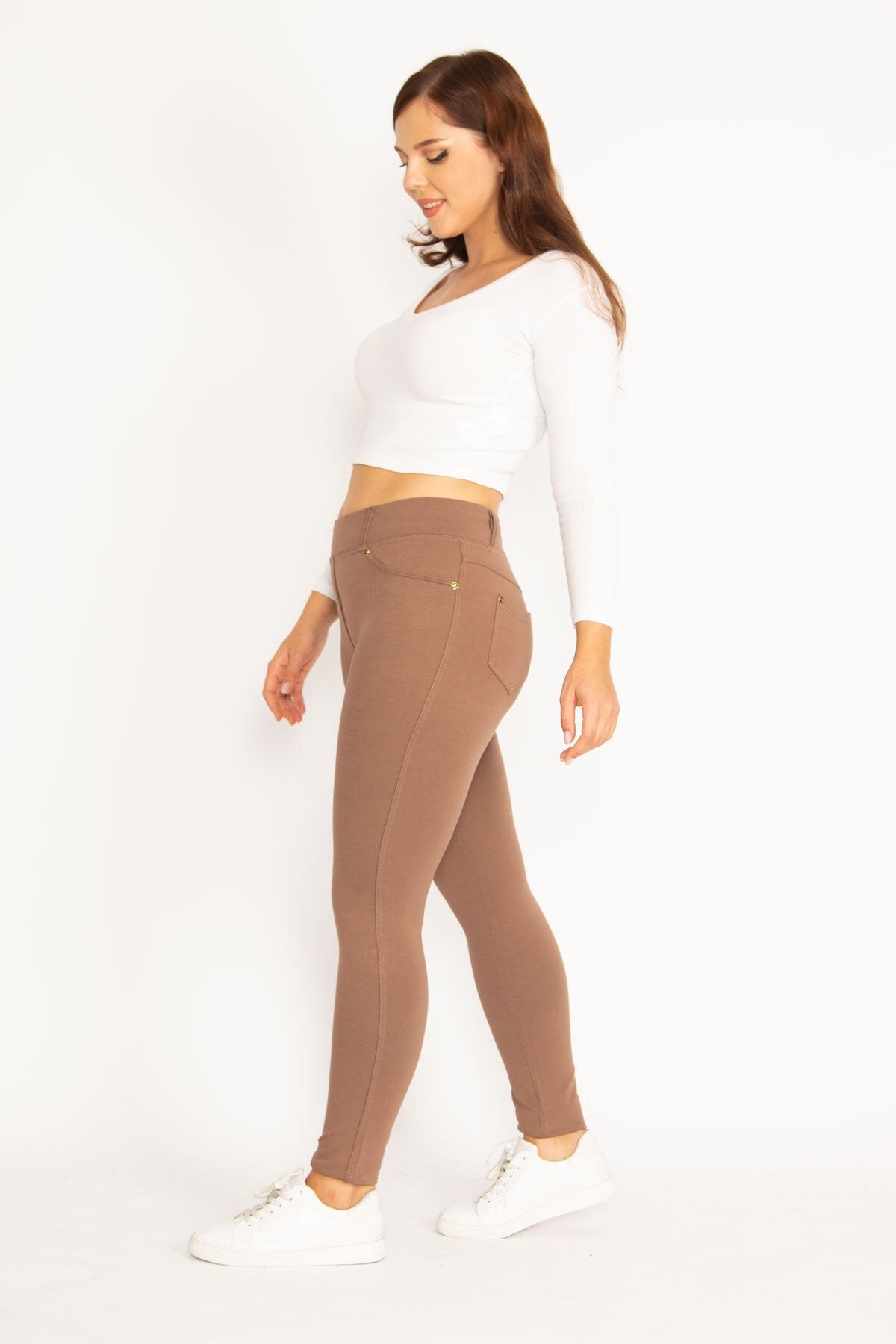 Şans Women's Large Size Mink Leggings with Front Decoration and Back Pocket  65n34812 - Trendyol