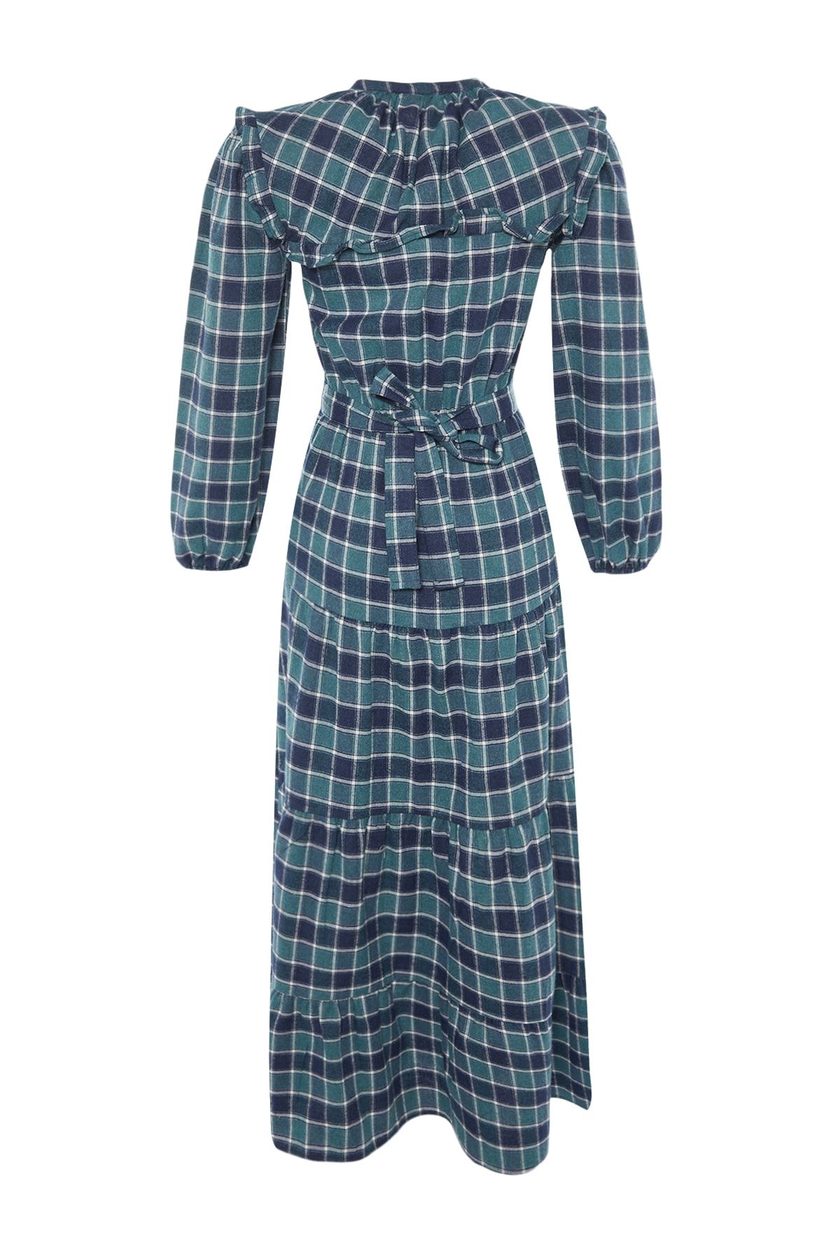 Trendyol Modest Mavi Kareli Beli Kuşaklı Dokuma Elbise TCTAW23EB00134 RN9529