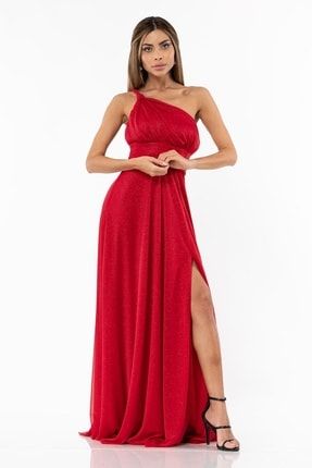 Kadın Kırmızı Tek Omuz Abiye Elbise 9621
