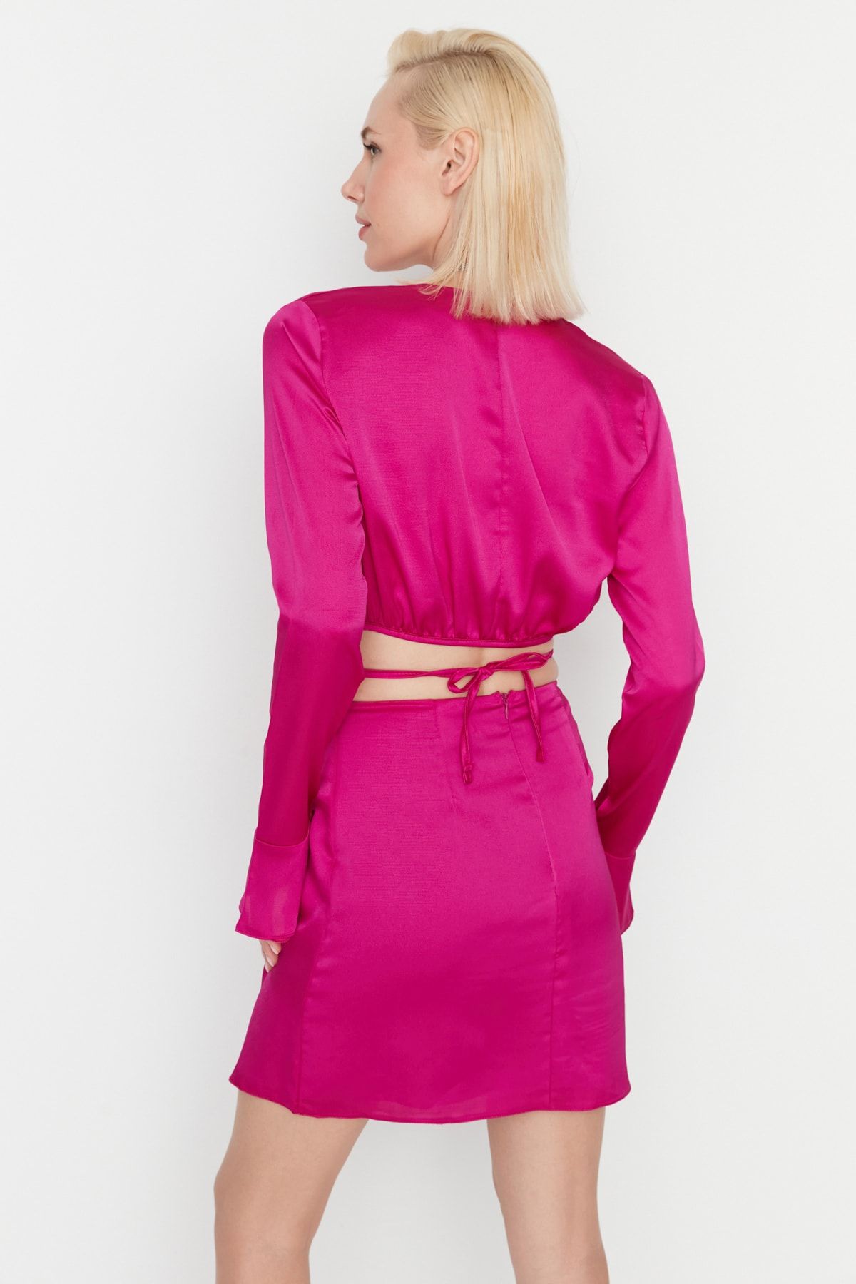 Trendyol Collection-Fuchsia Satin Bottom Top Set TPRAW23AU00010 5