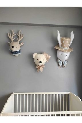 Geyik - Şapkalı Tavşan - Ayı Büstü Duvar Dekoru Üçlü /çocuk Odası Dekorasyonu Gyk-spk-tvs-ayi