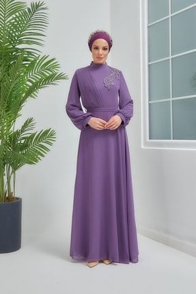 Pilise Ve Güpür Detaylı Tesettür Abiye Elbise 7771