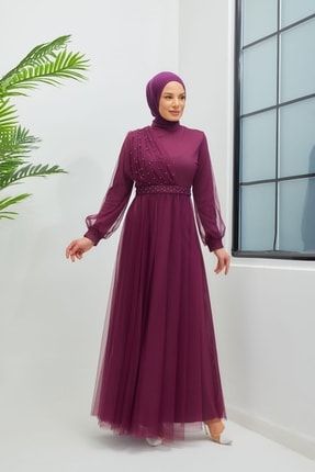 Inci Görsel Detaylı Tesettür Abiye Elbise 7776