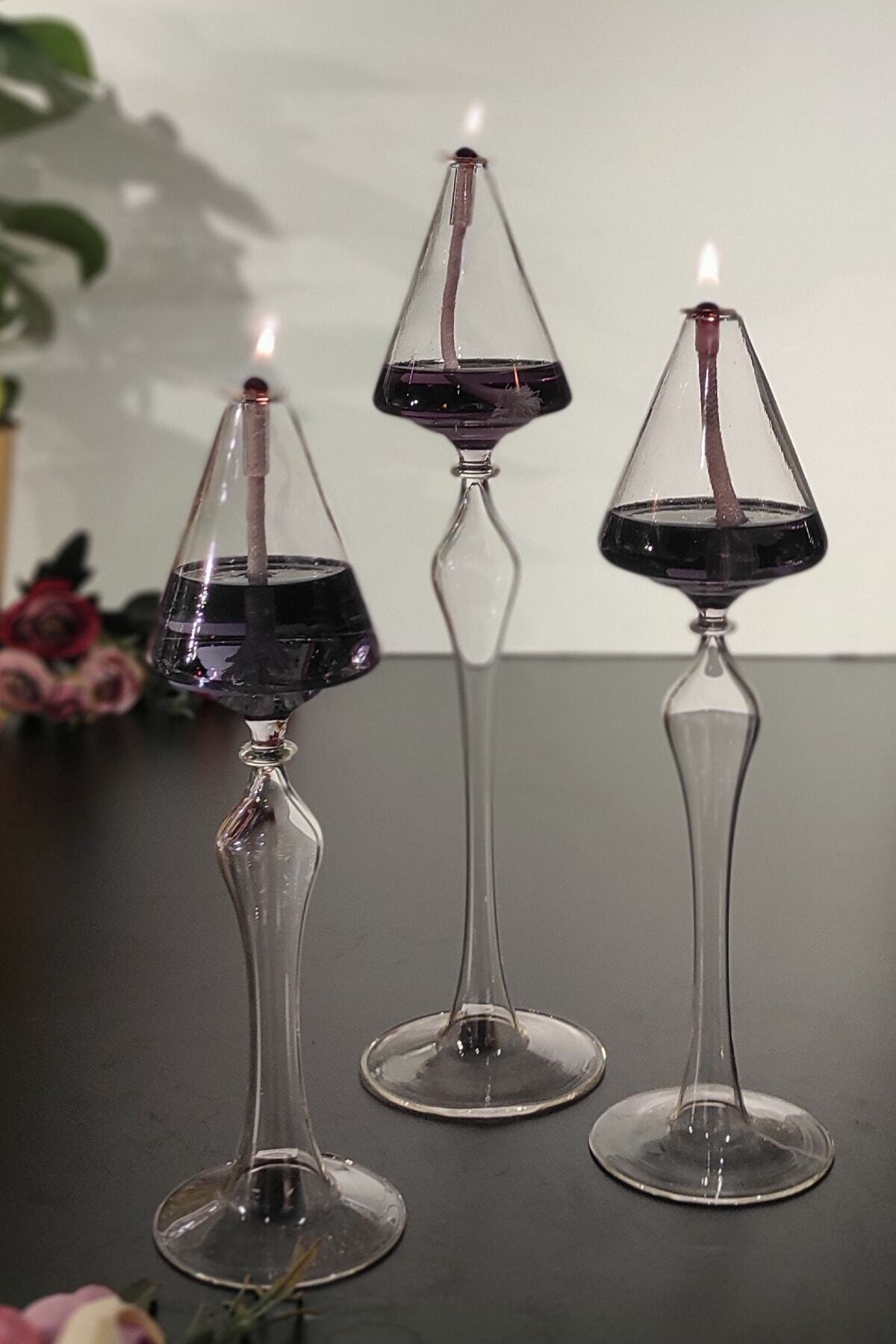 Manor Cam 3'lü Ayaklı Kandil Seti Konik Özel Seri 200ml Kandil Yağı