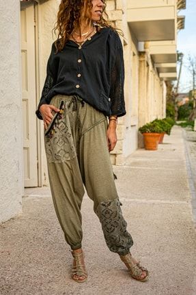 Kadın Haki Yıkamalı Püsküllü Ajur Detaylı Şalvar Pantolon GK-RSD2024