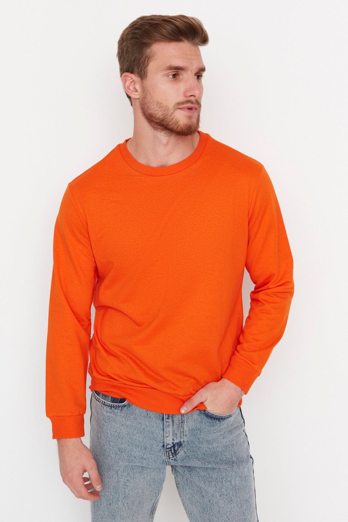 Trendyol Collection Orange Basic Men s Regular Cut Crew Neck Long