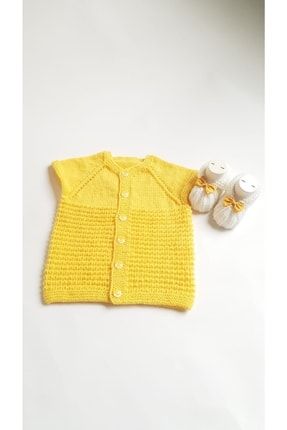 Sarı El Örgüsü Bebek Hırka & Beyaz Patik 0-6 Ay HBBGELORGU400