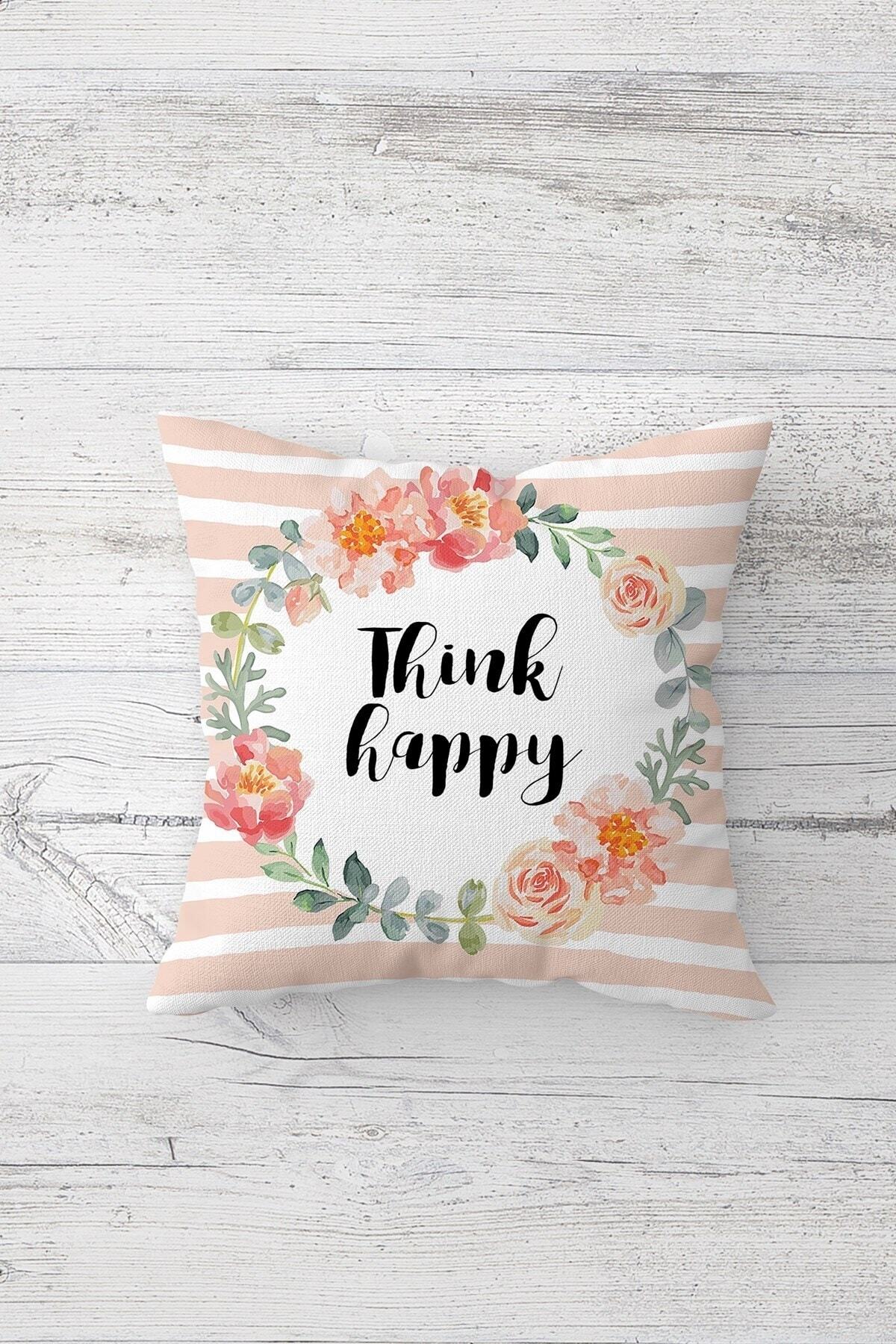 linazaitun-Filamingo And Think Happy Message Concealed Zippered Throw Pillow Cover Seat Pillow Cover Set (4pcs) 3