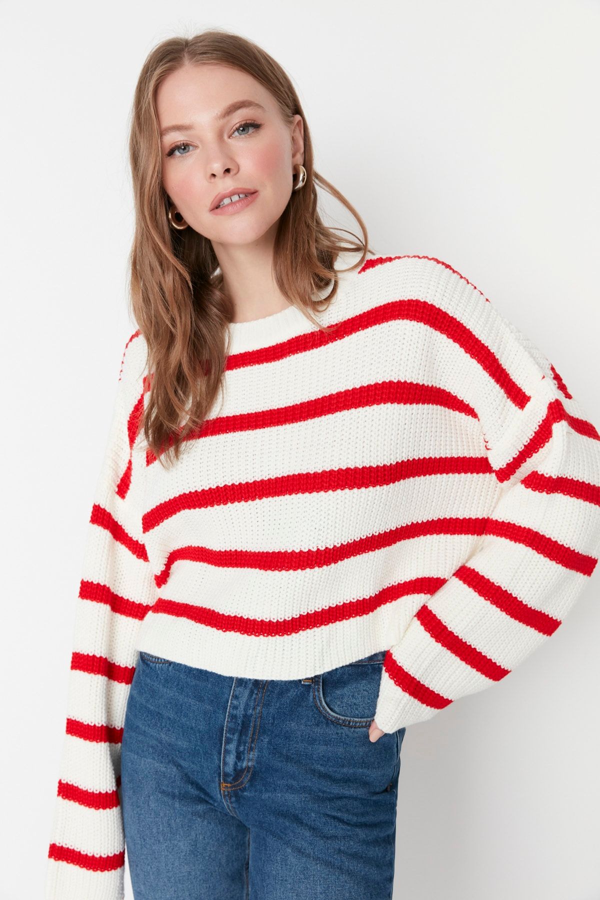 Trendyol Collection-Ecru Crop Basic Striped Knitwear Sweater TWOAW23KZ00390 4