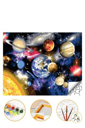 Gezegenler Sayılarla Boyama Hobi Seti Büyük Ölçü 60x75cm Çerçeveli Boyalar ve Fırçalar Dahil H068-1