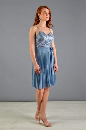 Kadın Mavi Payet Işlemeli Kurdelalı Kısa Mezuniyet Elbisesi 57057