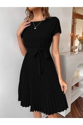 Yılbaşı Özel Kadın Siyah , Eteği Pileli Beli Kuşaklı Krep Kumaş Elbise KYR-31123-S