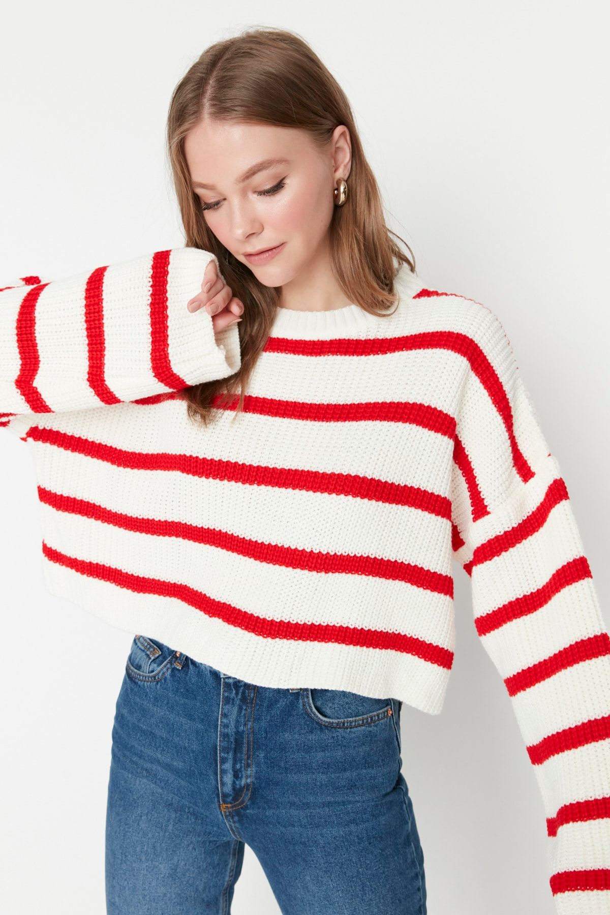 Trendyol Collection-Ecru Crop Basic Striped Knitwear Sweater TWOAW23KZ00390 3