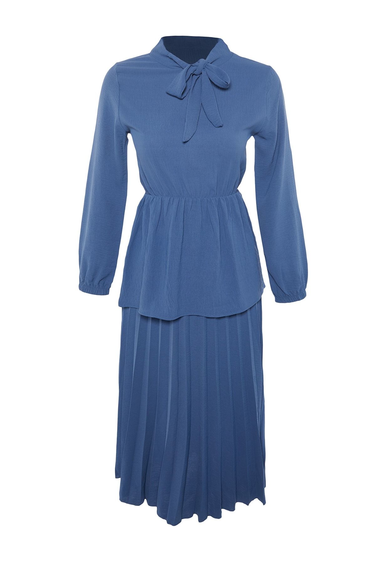 Trendyol Modest İndigo Yakası Fular Detaylı Tunik-Pantolon Dokuma Takım TCTSS22US00058 RN11077