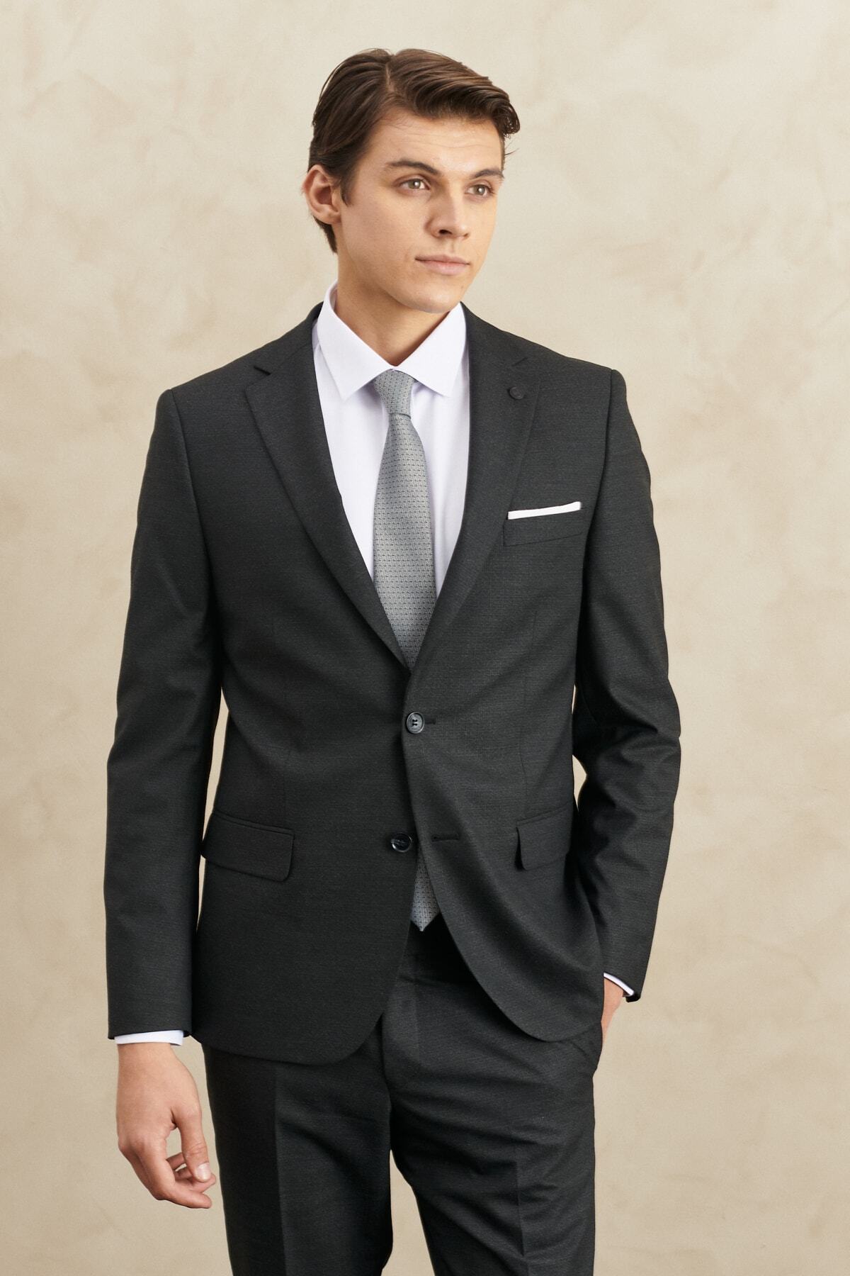 Men's Anthracite Slim Fit Slim Fit Mono Collar Striped Suit