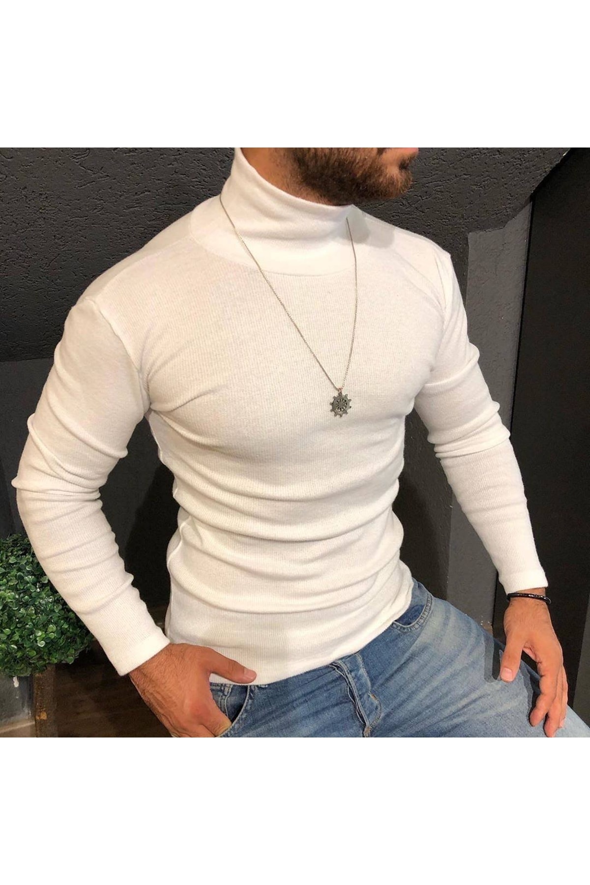 Men's White Turtleneck Sweater