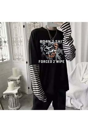 Born 2 Shit Siyah Çizgili Kollu (UNİSEX) T-shirt ET1682Ç