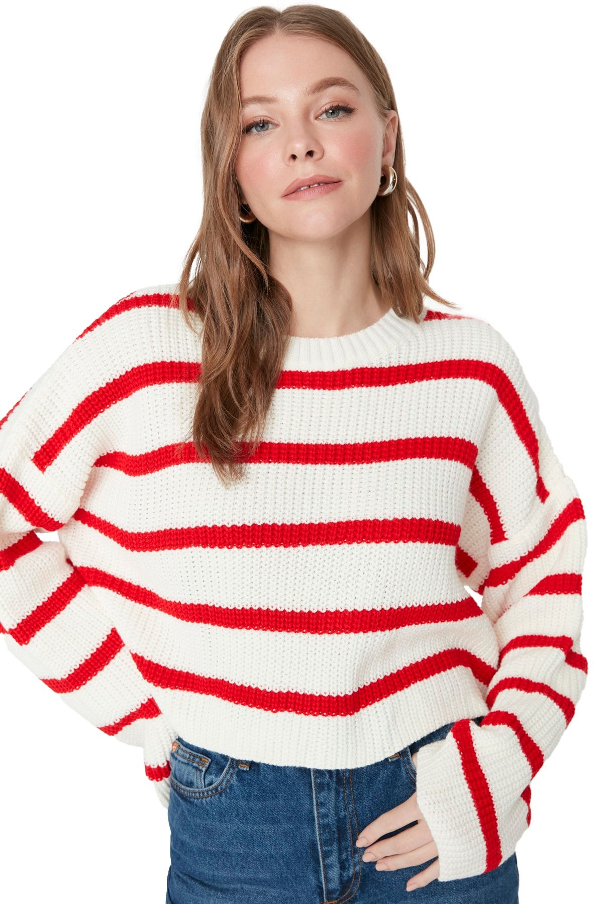 Trendyol Collection-Ecru Crop Basic Striped Knitwear Sweater TWOAW23KZ00390 2