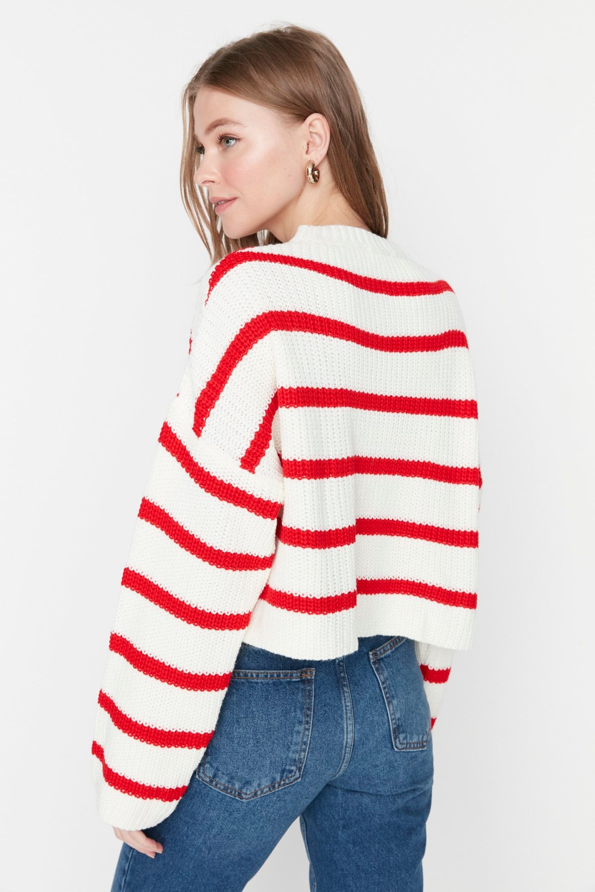 Trendyol Collection-Ecru Crop Basic Striped Knitwear Sweater TWOAW23KZ00390 6
