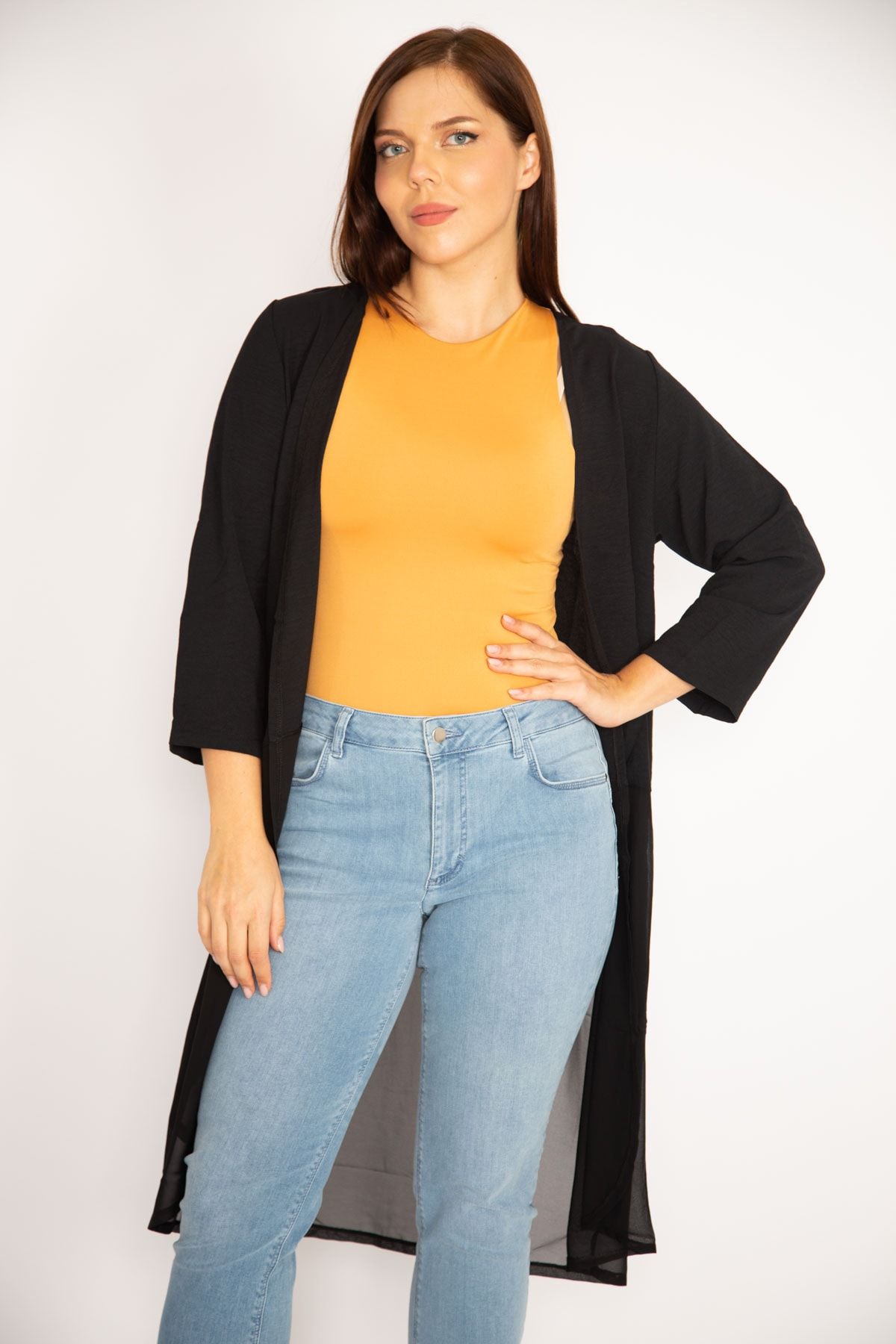 ans Women s Large Size Black Bottom Part Chiffon Cardigan