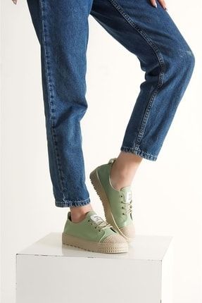 Yeşil - Kadın Hasır Detaylı Bağcıklı Sneaker Ayakkabı 1263 HS03468