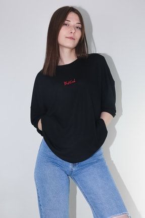 Kadın Siyah Oversize Marka Imzalı 'altın Oran' Nakış Fcl T-shirt BESTFREEK16